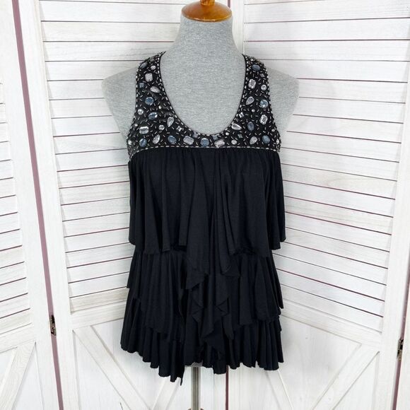 American Rag Y2K Tiered Ruffle Crystal Racerback Tank Top Shirt Black Medium - Picture 1 of 11